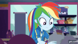 Size: 640x360 | Tagged: safe, screencap, rainbow dash, dashing through the mall, equestria girls, equestria girls specials, g4, my little pony equestria girls: better together, my little pony equestria girls: holidays unwrapped, animated, clothes, cutie mark on clothes, female, geode of super speed, gif, gifs.com, hoodie, jewelry, magical geodes, necklace, shrunken pupils, smiling, solo