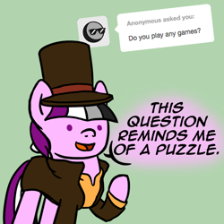 Size: 800x800 | Tagged: safe, artist:thedragenda, oc, oc:ace, pony, ask-acepony, clothes, female, hat, mare, professor layton, solo, top hat