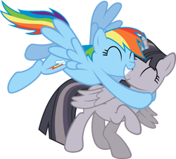 Size: 3805x3460 | Tagged: safe, anonymous artist, artist:sagegami, edit, rainbow dash, twilight sparkle, alicorn, pegasus, pony, g4, magical mystery cure, ^^, cute, discorded, discorded twilight, duo, duo female, eyes closed, female, grin, high res, hooves, hug, mare, raised hoof, simple background, smiling, spread wings, transparent background, twilight sparkle (alicorn), twilight tragedy, vector, wings