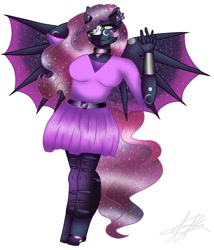 Size: 1267x1483 | Tagged: safe, artist:teonnakatztkgs, oc, oc only, bat pony, anthro, bat pony oc, bat wings, black background, clothes, collar, ethereal mane, signature, simple background, skirt, smiling, spread wings, starry mane, starry wings, waving, wings