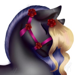 Size: 1500x1500 | Tagged: safe, artist:teonnakatztkgs, oc, oc only, earth pony, pony, earth pony oc, eyes closed, flower, flower in hair, harness, rose, signature, simple background, tack, white background