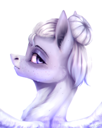 Size: 2000x2500 | Tagged: safe, artist:miurimau, oc, oc only, pegasus, pony, bust, ear fluff, female, hair bun, high res, looking back, mare, pegasus oc, smiling, solo, wings