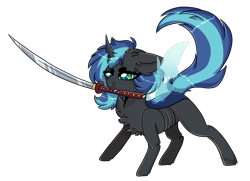 Size: 1368x990 | Tagged: safe, artist:sparky-boi, oc, oc:young queen, changeling, chest fluff, female, holeless, katana, mouth hold, simple background, solo, sword, transparent background, weapon