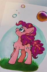 Size: 1334x2048 | Tagged: safe, artist:lbrcloud, pinkie pie, earth pony, pony, g4, bubble, chest fluff, cute, diapinkes, marker drawing, solo, traditional art