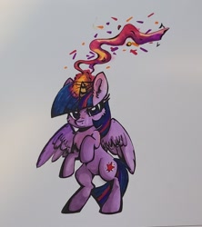 Size: 1566x1764 | Tagged: safe, artist:lbrcloud, twilight sparkle, alicorn, pony, g4, angry, bipedal, chest fluff, cute, folded wings, glowing, glowing horn, horn, looking at you, madorable, magic, magic aura, marker drawing, rearing, simple background, solo, traditional art, twiabetes, twilight sparkle (alicorn), white background, wings