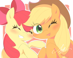 Size: 3600x2869 | Tagged: safe, artist:leo19969525, apple bloom, applejack, earth pony, pony, g4, adorabloom, blushing, cute, eye clipping through hair, eyes closed, female, filly, foal, grin, high res, jackabetes, looking at you, mare, one eye closed, open mouth, open smile, siblings, sisters, smiling, wink
