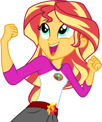 Size: 3000x3606 | Tagged: safe, artist:cloudy glow, sunset shimmer, equestria girls, g4, my little pony equestria girls: legend of everfree, .ai available, arms, bust, camp everfree outfits, clothes, collar, cute, female, fingers, fist, hand, high res, legs, long hair, long sleeves, open mouth, open smile, shimmerbetes, shirt, shorts, simple background, smiling, solo, teenager, teeth, transparent background, vector