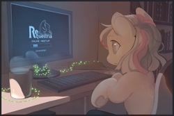 Size: 1080x720 | Tagged: artist needed, safe, oc, oc:ghost pone, ghost, ghost pony, pony, computer, mascot, re:questria, solo, string lights