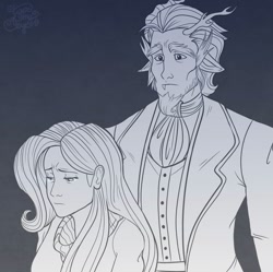 Size: 1978x1971 | Tagged: safe, artist:tiger-of-my-eye, discord, fluttershy, human, g4, age difference, clothes, elf ears, female, grayscale, height difference, horn, horned humanization, humanized, male, monochrome, scarf, ship:discoshy, shipping, signature, simple background, straight, teary eyes