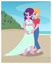 Size: 1600x1991 | Tagged: safe, artist:snap1994, big macintosh, sugar belle, human, equestria girls, g4, barefoot, beach, belly, belly button, big belly, clothes, dress, feet, female, freckles, hand on belly, humanized, jeans, male, married couple, outie belly button, pants, pregnant, pregnant equestria girls, sand, ship:sugarmac, shipping, smiling, straight