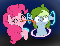 Size: 1183x907 | Tagged: safe, artist:dendollae, pinkie pie, oc, oc:nessy gouge, earth pony, pony, g4, blushing, female, lesbian, licking, portal, tongue out