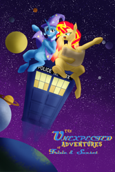 Size: 2000x3000 | Tagged: safe, artist:sixes&sevens, sunset shimmer, trixie, alicorn, pony, unicorn, fanfic:the unexpected adventures of trixie and sunset, g4, angry, bill & ted, bill & ted's excellent adventure, cape, clothes, dab, doctor who, fanfic, fanfic art, fanfic cover, hat, high res, map, planet, pointing, race swap, smiling, space, tardis, trixie's cape, trixie's hat, yelling