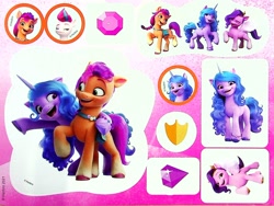 Size: 1858x1397 | Tagged: safe, egmont, izzy moonbow, pipp petals, sunny starscout, zipp storm, earth pony, pegasus, pony, unicorn, g5, my little pony: a new generation, official, 3d, book, crystal, female, looking at you, mare, merchandise, one eye closed, raised hoof, red eyes, smug, smugzipp, sticker, wink, winking at you