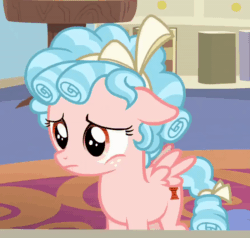 Size: 800x760 | Tagged: safe, screencap, cozy glow, pegasus, pony, g4, marks for effort, season 8, animated, book, bow, cozybetes, cropped, curly mane, cute, female, filly, floppy ears, foal, freckles, gif, looking down, pure concentrated unfiltered evil of the utmost potency, pure unfiltered evil, ribbon, sad, solo, table, talking, two toned mane, wings