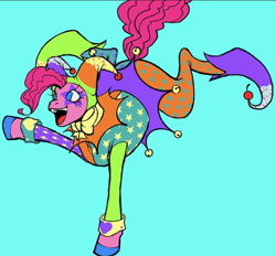 Size: 720x668 | Tagged: safe, artist:dreamscreep, pinkie pie, earth pony, pony, g4, blue background, female, handstand, instagram, jester, jester pie, mare, simple background, upside down