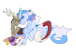Size: 1700x1100 | Tagged: safe, artist:uunicornicc, discord, oc, siren, g4, antlers, canon x oc, egg, lying down, parent:discord, parents:canon x oc, prone, shipping, simple background, transparent background