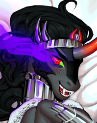 Size: 720x907 | Tagged: safe, artist:dreamscreep, king sombra, pony, unicorn, g4, armor, bed, blushing, fangs, glowing, glowing eyes, glowing horn, horn, male, metal, red eyes, spikes, stallion
