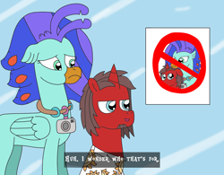 Size: 3086x2401 | Tagged: safe, artist:supahdonarudo, oc, oc only, oc:ironyoshi, oc:sea lilly, classical hippogriff, hippogriff, pony, unicorn, camera, clothes, dialogue, garfield, high res, huh i wonder who that's for, jewelry, male, meme, necklace, ponified meme, sad, shirt, sign, simple background, text, vent art