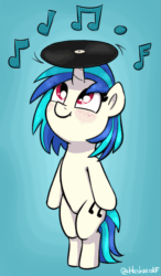 Size: 703x1200 | Tagged: safe, artist:heretichesh, dj pon-3, vinyl scratch, pony, unicorn, g4, animated, balancing, bipedal, blushing, cute, female, filly, filly vinyl scratch, foal, gif, gradient background, looking up, music notes, record, smiling, solo, vinyl disc, vinylbetes, younger