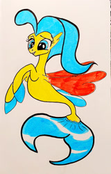 Size: 818x1280 | Tagged: safe, artist:wegio, princess skystar, seapony (g4), g4, my little pony: the movie, blue eyes, blue mane, blue tail, dorsal fin, female, fin wings, fins, fish tail, flowing mane, flowing tail, red wings, simple background, smiling, solo, tail, white background, wings