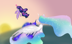 Size: 4000x2500 | Tagged: safe, artist:nitlynjane, princess celestia, princess luna, twilight sparkle, alicorn, pony, g4, the last problem, ethereal mane, female, flying, galaxy mane, glowing, glowing horn, gradient mane, high res, horn, looking at someone, magic, magic aura, mare, missing accessory, older, older twilight, older twilight sparkle (alicorn), princess twilight 2.0, royal sisters, siblings, sisters, spread wings, starry mane, trio, trio female, twilight sparkle (alicorn), wat, wings