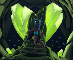 Size: 2565x2115 | Tagged: safe, artist:kanzlerjif, queen chrysalis, changeling, g4, cave, crossed legs, crown, crystal, dark background, digital art, female, green eyes, heart, high res, horn, jewelry, mare, regalia, solo, throne