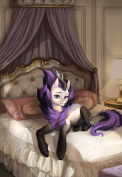 Size: 2200x3200 | Tagged: safe, artist:miurimau, oc, oc only, oc:wintertide frost, kirin, bed, high res, pillow, solo
