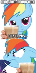 Size: 500x1020 | Tagged: editor needed, safe, rainbow dash, twilight sparkle, g4, 20% cooler, choccy milk, chocolate, chocolate milk, faic, meme, milk, smirk, this will end in spilled milk, twiface