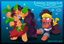 Size: 5100x3500 | Tagged: safe, artist:snakeythingy, saffron masala, oc, oc:sketchy dupe, g4, bolo, canon x oc, clothes, crossover, dancing, female, grass skirt, hula, hula dance, male, shantae, shantae and the seven sirens, skirt, straight