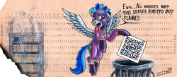 Size: 1371x600 | Tagged: safe, artist:sa1ntmax, oc, oc only, oc:whirlwind flux, pegasus, pony, punch card, qr code, server, shadowbolts, solo, tongue out, trash can