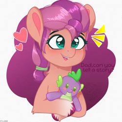 Size: 1280x1280 | Tagged: safe, artist:unianimaart610, spike, sunny starscout, dragon, earth pony, pony, g5, my little pony: a new generation, blushing, cute, dialogue, female, filly, filly sunny starscout, foal, heart, implied argyle starshine, plushie, smiling, solo, spikabetes, spike plushie, sunnybetes, younger