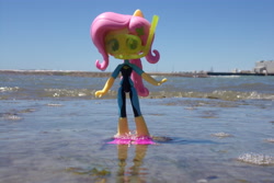 Size: 4608x3072 | Tagged: safe, artist:dingopatagonico, fluttershy, equestria girls, equestria girls series, g4, beach, building, doll, equestria girls minis, irl, photo, ponytail, scuba gear, shore, sky, toy, water