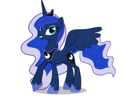 Size: 952x759 | Tagged: safe, artist:midnight-wisp-pone, princess luna, alicorn, pony, g4, clothes, crown, ethereal mane, eyeshadow, female, full body, grin, hoof shoes, horn, jewelry, makeup, mare, regalia, shadow, shoes, simple background, smiling, solo, spread wings, standing, starry mane, teal eyes, transparent background, vector, wings