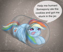 Size: 2386x1963 | Tagged: safe, artist:ledwine glass, edit, rainbow dash, pegasus, pony, g4, adorable distress, blatant lies, cookie jar, crumbs, cute, dashabetes, dialogue, ears back, female, jar, lying down, mare, not what it looks like, open mouth, sad, sad eyes, sadorable, simple background, solo, spread wings, text, this will end in colic, wings