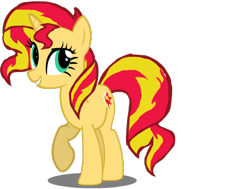 Size: 478x362 | Tagged: safe, artist:midnight-wisp-pone, sunset shimmer, pony, unicorn, g4, female, full body, grin, hooves, horn, mare, raised hoof, shadow, simple background, smiling, solo, standing, tail, three quarter view, transparent background, two toned mane, two toned tail