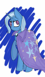 Size: 750x1280 | Tagged: safe, artist:midnight-wisp-pone, trixie, pony, unicorn, g4, 2014, blue background, cape, clothes, female, horn, looking at you, raised hoof, simple background, solo, trixie's cape