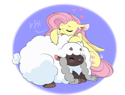 Size: 1280x975 | Tagged: safe, artist:cckittycreative, fluttershy, pegasus, pony, sheep, wooloo, g4, abstract background, blushing, cuddling, cute, daaaaaaaaaaaw, dialogue, duo, eyes closed, female, folded wings, heart, mare, open mouth, pokemon sword and shield, pokémon, shyabetes, snuggling, soft, wings