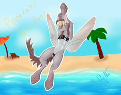 Size: 3268x2560 | Tagged: safe, artist:bydena, oc, oc only, pegasus, pony, semi-anthro, arm hooves, armpits, beach, belly, belly button, clothes, concave belly, fairy wings, female, gift art, gris swimsuit, high res, hooves, insect wings, one-piece swimsuit, see-through, simple background, slender, solo, spread wings, swimsuit, thin, wings, yellow eyes