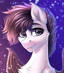 Size: 2500x2850 | Tagged: safe, artist:hakaina, oc, oc only, oc:mythic horizon, bat pony, pony, bat wings, bust, cheek fluff, chest fluff, commission, cute, cute little fangs, ear fluff, fangs, high res, looking at you, male, solo, stallion, wings, ych result