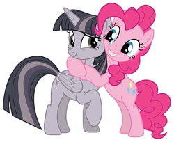 Size: 2437x1988 | Tagged: safe, anonymous artist, artist:sonofaskywalker, edit, pinkie pie, twilight sparkle, alicorn, earth pony, pony, g4, the summer sun setback, bipedal, blue eyes, cheering up, cute, diapinkes, discorded, discorded twilight, duo, duo female, female, folded wings, friends, grin, high res, hooves, horn, hug, looking at each other, looking at someone, mare, pink mane, pink tail, raised eyebrow, raised hoof, simple background, smiling, smiling at each other, squishy cheeks, standing, tail, transparent background, twiabetes, twilight sparkle (alicorn), twilight tragedy, vector, wings