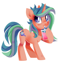 Size: 1687x1875 | Tagged: safe, artist:irusumau, oc, oc only, oc:shooting sparkle, pony, unicorn, commission, commissioner:shootingstarsentry, drinking straw, female, full body, hoof hold, hooves, horn, looking at you, mare, multicolored mane, multicolored tail, simple background, sipping, solo, standing, tail, transparent background, unicorn oc