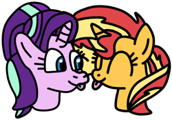 Size: 860x600 | Tagged: safe, artist:jadeharmony, starlight glimmer, sunset shimmer, pony, unicorn, g4, :p, bust, cute, duo, duo female, eyes closed, female, glimmerbetes, lesbian, mare, shimmerbetes, simple background, smiling, tongue out, transparent background