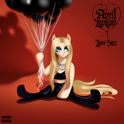 Size: 5937x5937 | Tagged: safe, artist:aldobronyjdc, earth pony, pony, absurd resolution, album cover, avril lavigne, balloon, boots, clothes, digital art, eyebrows, eyebrows visible through hair, female, frown, jewelry, logo, looking up, mare, music, ponified, shadow, shoes, simple background, sitting, skirt, solo