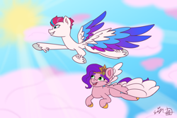 Size: 3600x2400 | Tagged: safe, artist:erynerikard, pipp petals, zipp storm, pegasus, pony, g5, my little pony: a new generation, cloud, digital art, duo, duo female, feathered fetlocks, female, flying, grin, high res, mare, open mouth, open smile, siblings, sisters, sky, smiling, spread wings, sun, wings