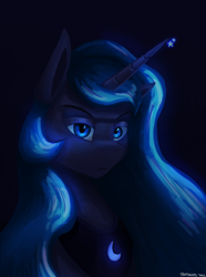 Size: 1000x1346 | Tagged: safe, artist:vezja, princess luna, alicorn, pony, g4, abstract background, annoyed, bust, ear, female, horn, magic, mare, peytral, portrait, simple background, stars