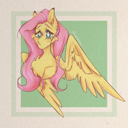 Size: 4000x4000 | Tagged: safe, artist:teaandsheep, fluttershy, pegasus, pony, g4, absurd resolution, bust, cheek fluff, chest fluff, ear fluff, female, mare, partially open wings, passepartout, solo, three quarter view, wings