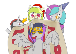 Size: 2000x1414 | Tagged: safe, artist:wild-thunder06, oc, oc only, oc:agua melon, oc:luz, oc:oscuridad, oc:rol fanatic, earth pony, pegasus, pony, unicorn, happy new year, holiday, simple background, transparent background