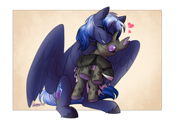 Size: 1742x1200 | Tagged: safe, artist:cosmalumi, oc, oc:alcippe, oc:kyanite arc, changeling, pegasus, pony, amputee, eyes closed, heart, plushie, prosthetic leg, prosthetic limb, prosthetics, purple changeling, simple background, sitting, smiling, snuggling, spread wings, wings
