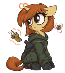 Size: 1332x1500 | Tagged: safe, artist:t72b, oc, oc only, oc:academia, pony, unicorn, 2022 community collab, derpibooru community collaboration, bolt, boots, clothes, female, geiger counter, holster, ionizing radiation warning symbol, levitation, magic, mare, radiation sign, s.t.a.l.k.e.r., screw, shoes, simple background, solo, telekinesis, transparent background