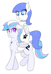 Size: 1544x2241 | Tagged: safe, artist:eyeburn, oc, oc:snow pup, oc:starburn, pegasus, pony, 2022 community collab, derpibooru community collaboration, chest fluff, collar, ear fluff, female, floppy ears, hoof on head, jewelry, lifted leg, looking at each other, looking at someone, mare, necklace, piggyback ride, ponies riding ponies, riding, riding a pony, simple background, transparent background, wing hold, wings